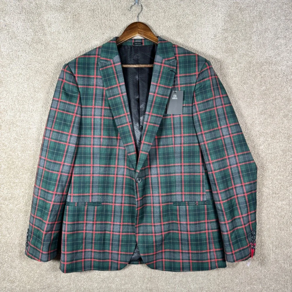 J. Ferrar Blazer Mens L 42/44 Green Red Tartan Plaid 360 Stretch Slim Fit Jacket